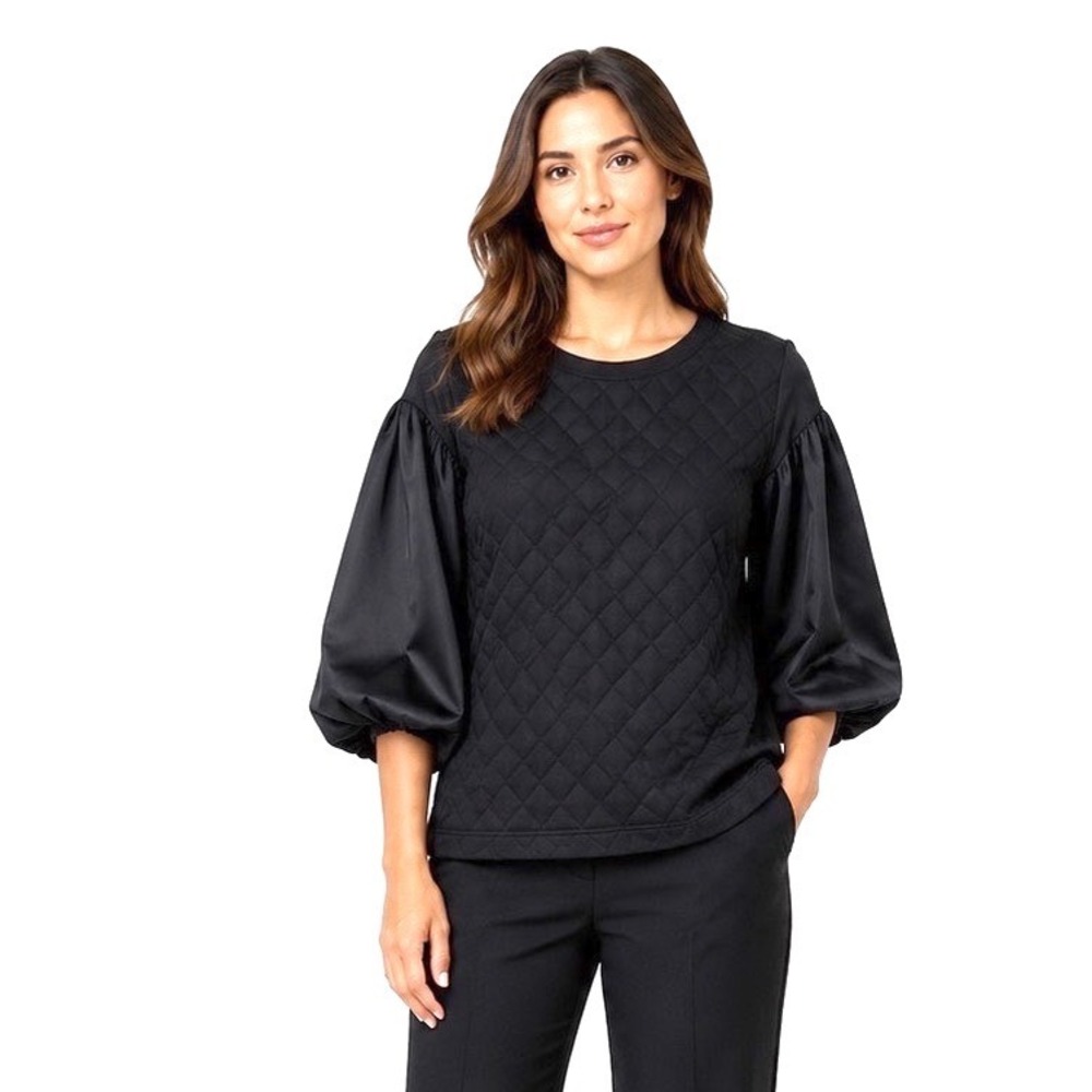 Zara Black Quilted Front Balloon Sleeve Sweatshirt Top L Chic Avant-Garde 111-11